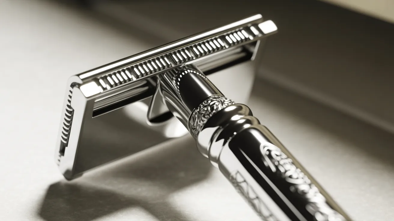 A close-up view of a razor resting on a bathroom counter, highlighting its sleek design and sharp blade.