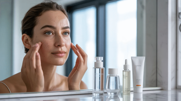 A woman gazes at her reflection in a mirror, examining her face with a thoughtful expression.