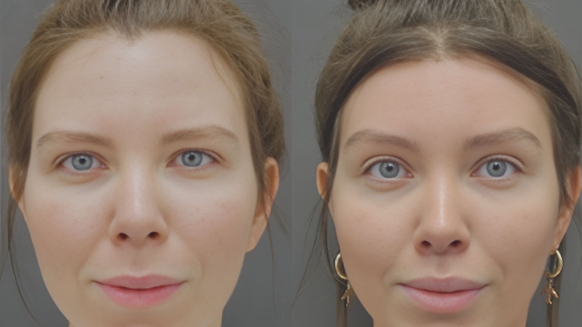 1.Before and after photo showing a woman's face, highlighting significant changes in her appearance and skin texture.