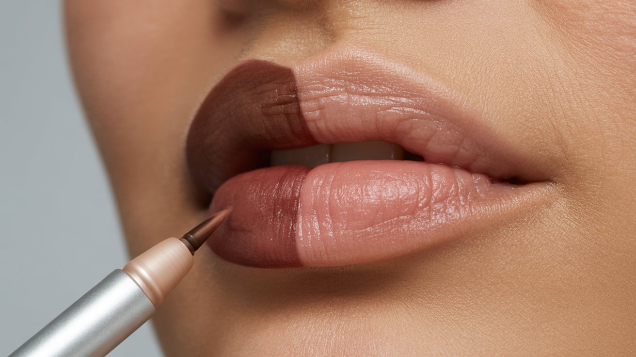 A woman applies lipstick to her lips using a brush, focusing intently on her makeup application.