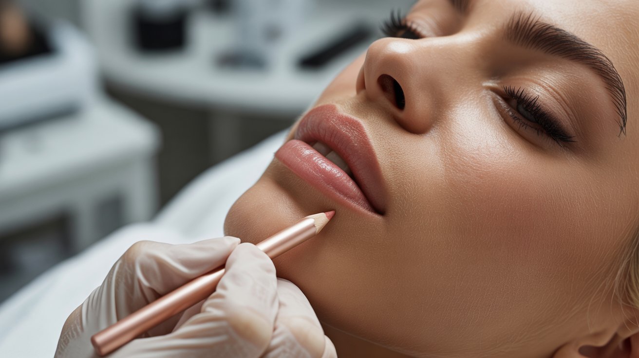 A woman applying lip color with a brush, enhancing her lips in a beauty treatment setting.