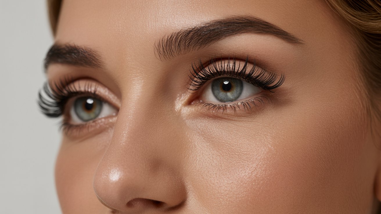 A woman with long eyelashes gazes with her striking big blue eye, showcasing her captivating features.