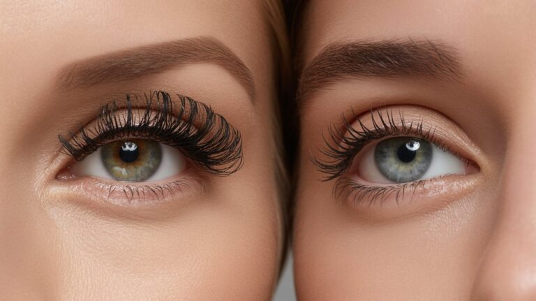 Two women with long eyelashes smiling at the camera, showcasing their expressive eyes and friendly demeanor.