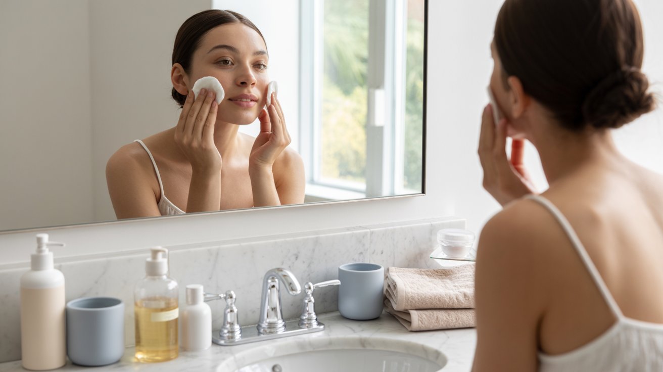 A woman gazes at her reflection in a mirror, examining her face with a thoughtful expression.