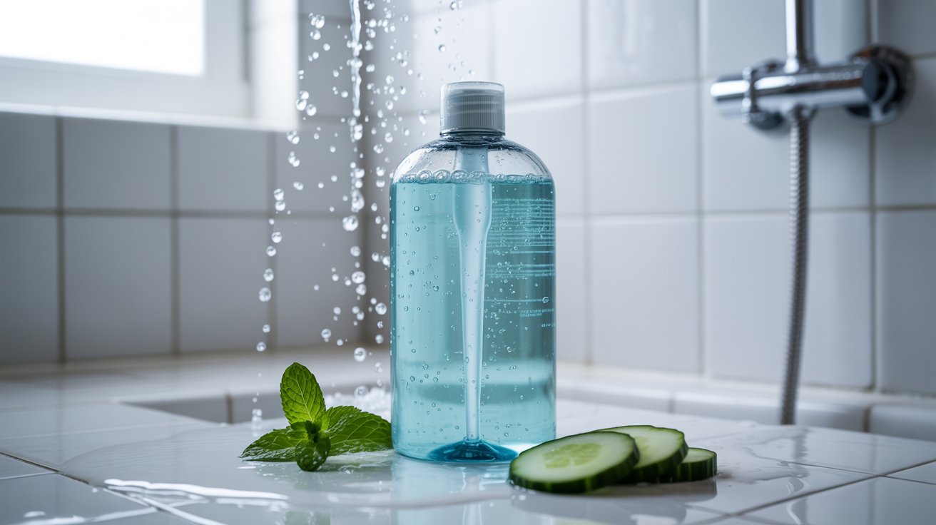 A bottle of liquid soap and a cucumber placed beside a shower head, suggesting a refreshing bathing experience.