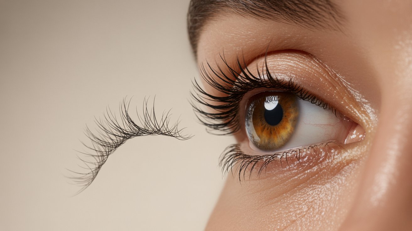 A close-up of a woman's eye showcasing long, pretty eyelashes against a soft background.