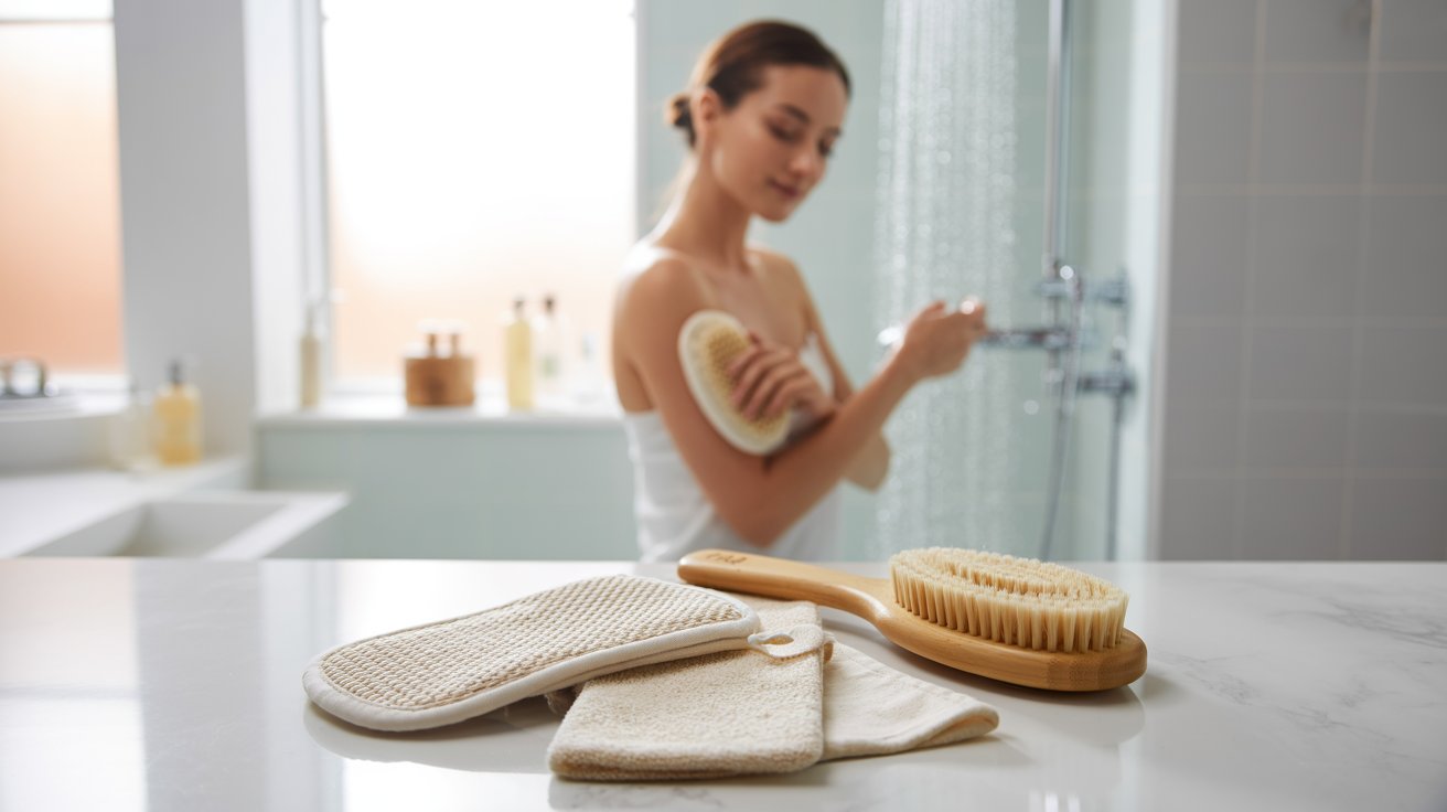 A woman brushes her hair while holding a towel, focusing on her grooming routine.