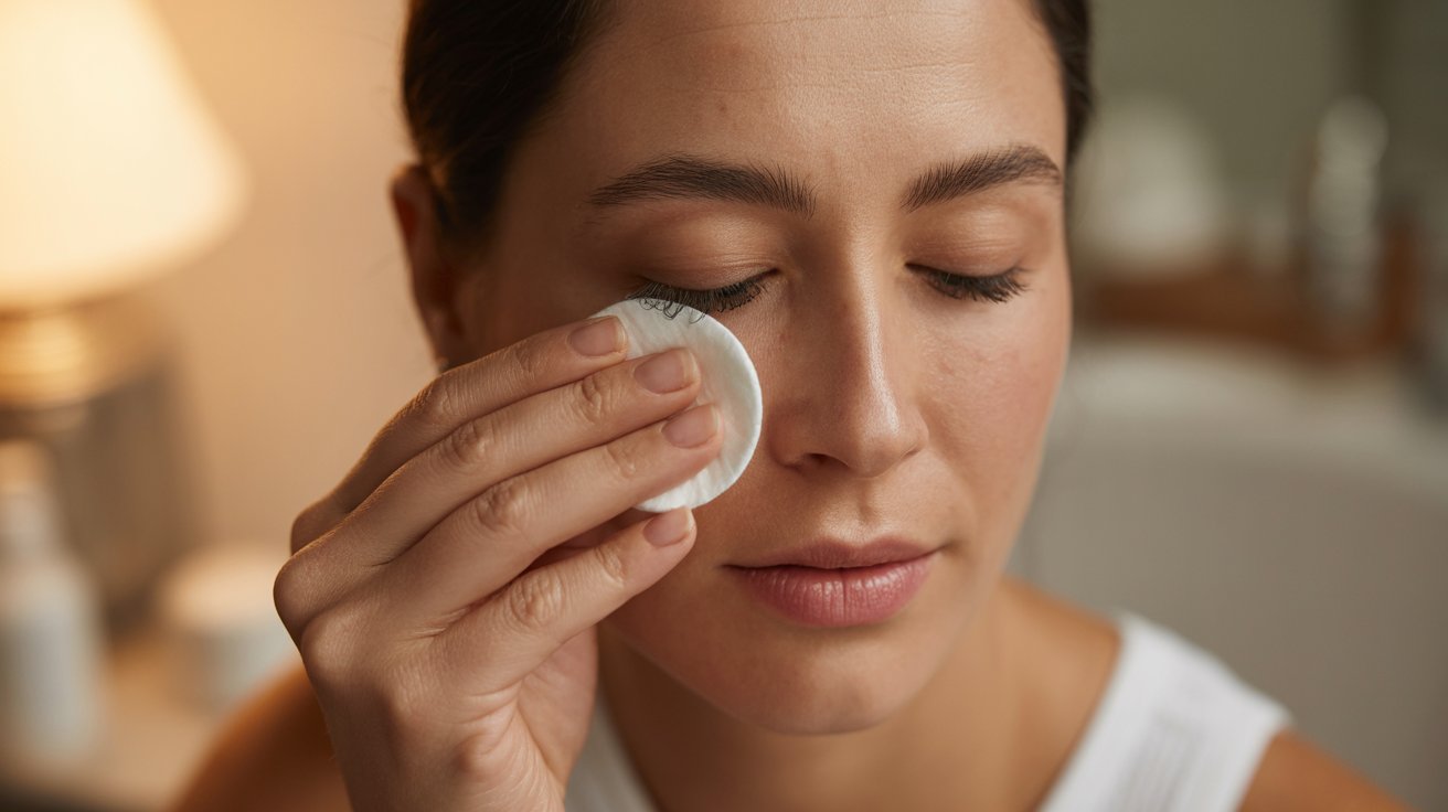 . A woman gently cleanses her face using a cleansing pad, focusing on her skincare routine.