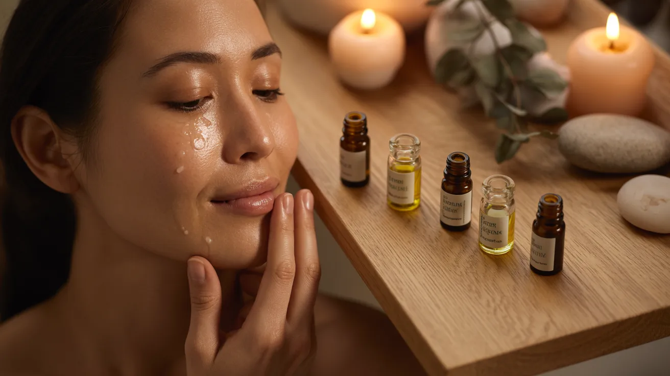 A woman applies a facial mask infused with oils, focusing on her skincare routine in a bright, serene setting.