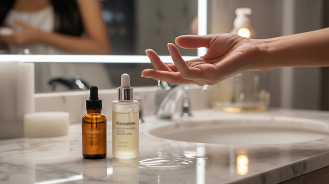 A woman holds a bottle of skin care products, showcasing her interest in beauty and personal care.
