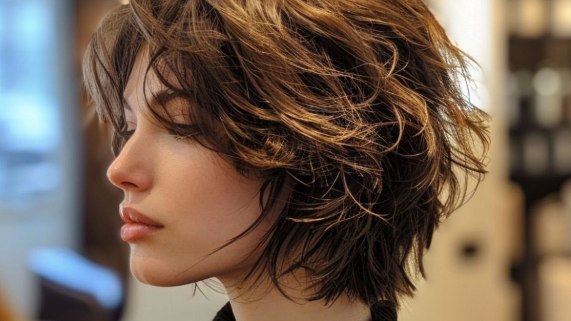A woman with a short haircut gazes thoughtfully to the side, her expression contemplative.