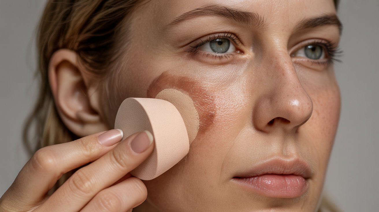 A woman applies powder to her face, enhancing her makeup with a focused expression in a well-lit setting.