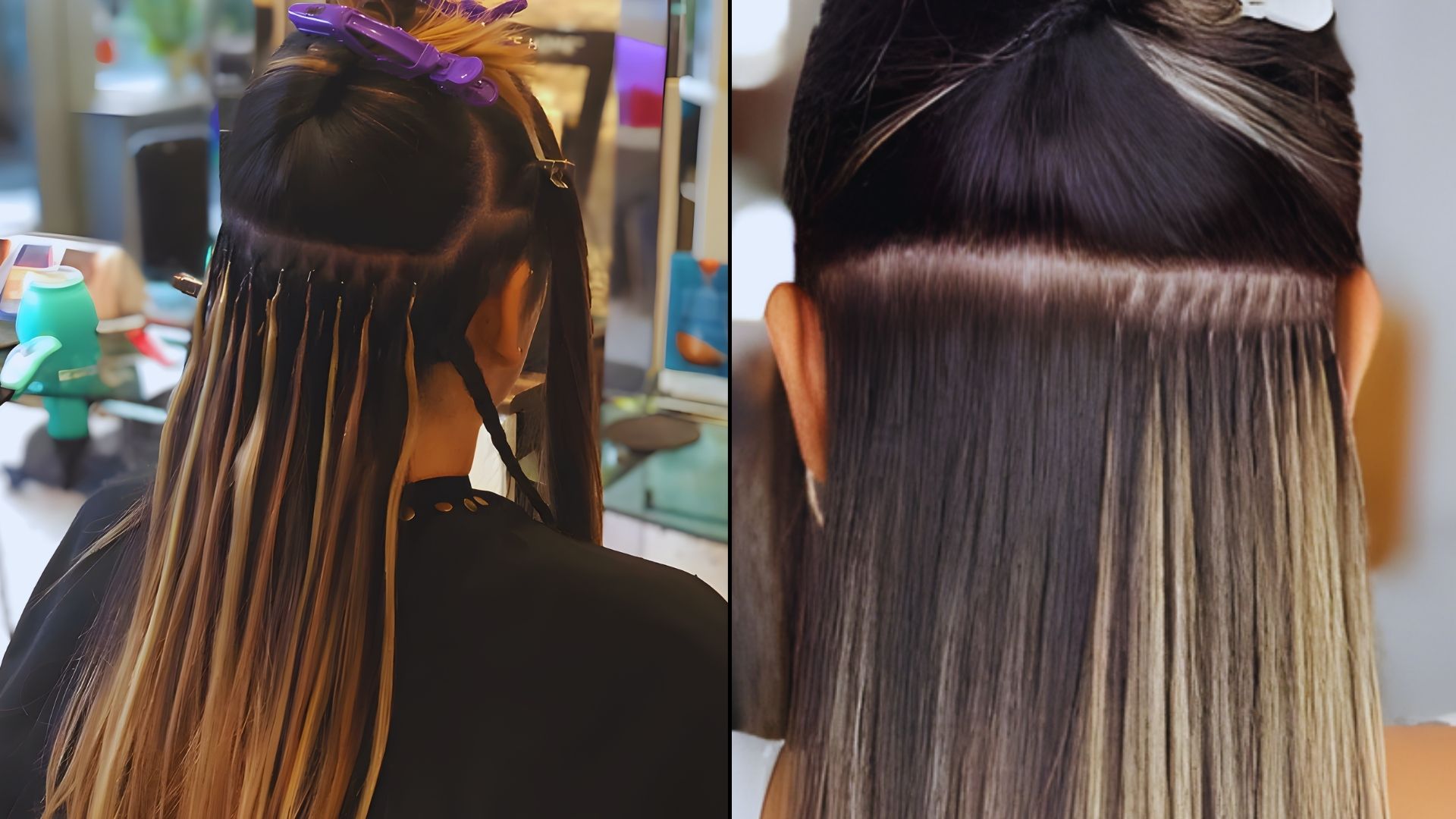 Two images of a woman with long hair: left side displays I-tip hair extensions, right side shows K-tip hair extensions.