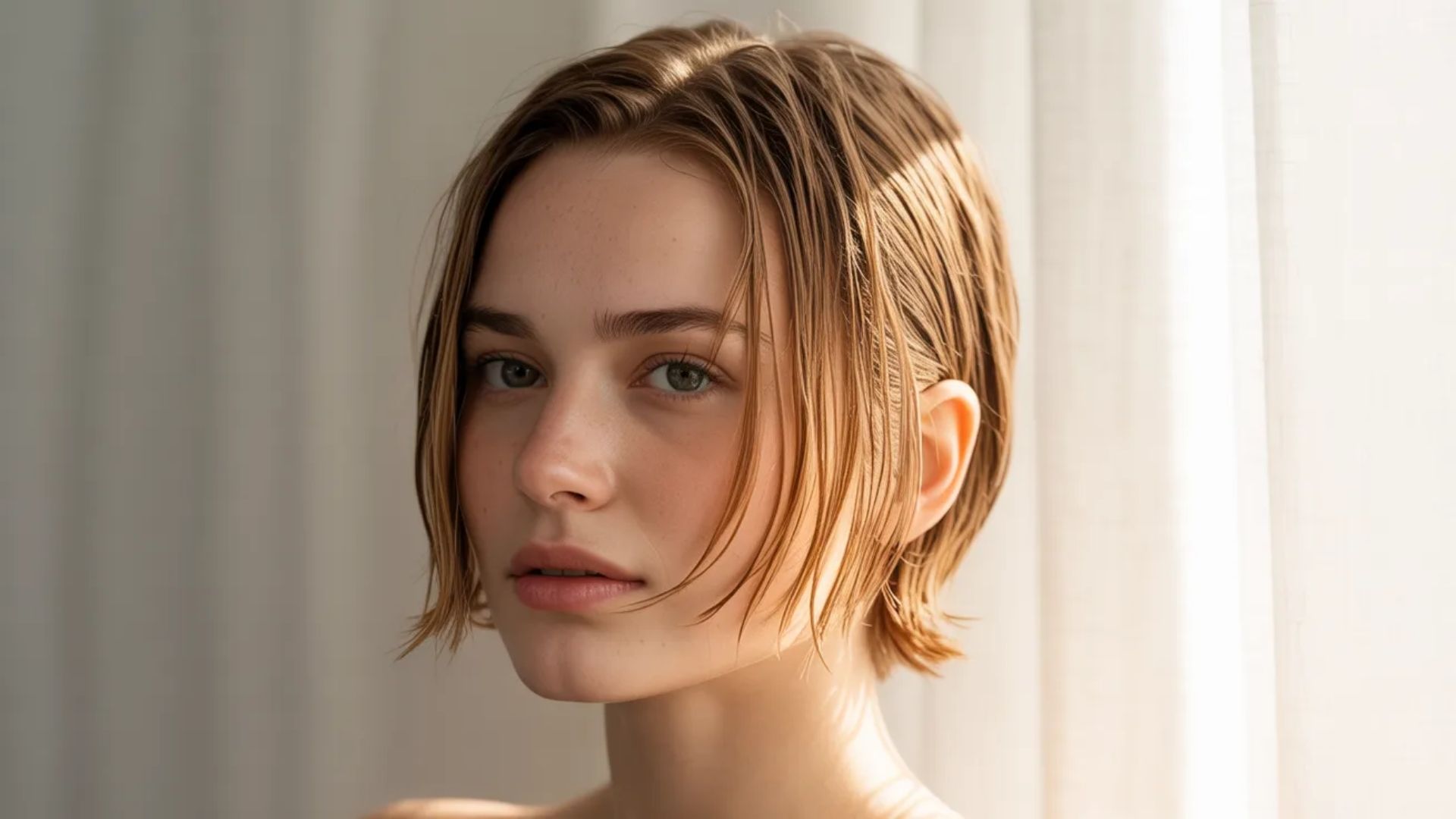 A woman with short hair gazes directly at the camera, conveying confidence and engagement.