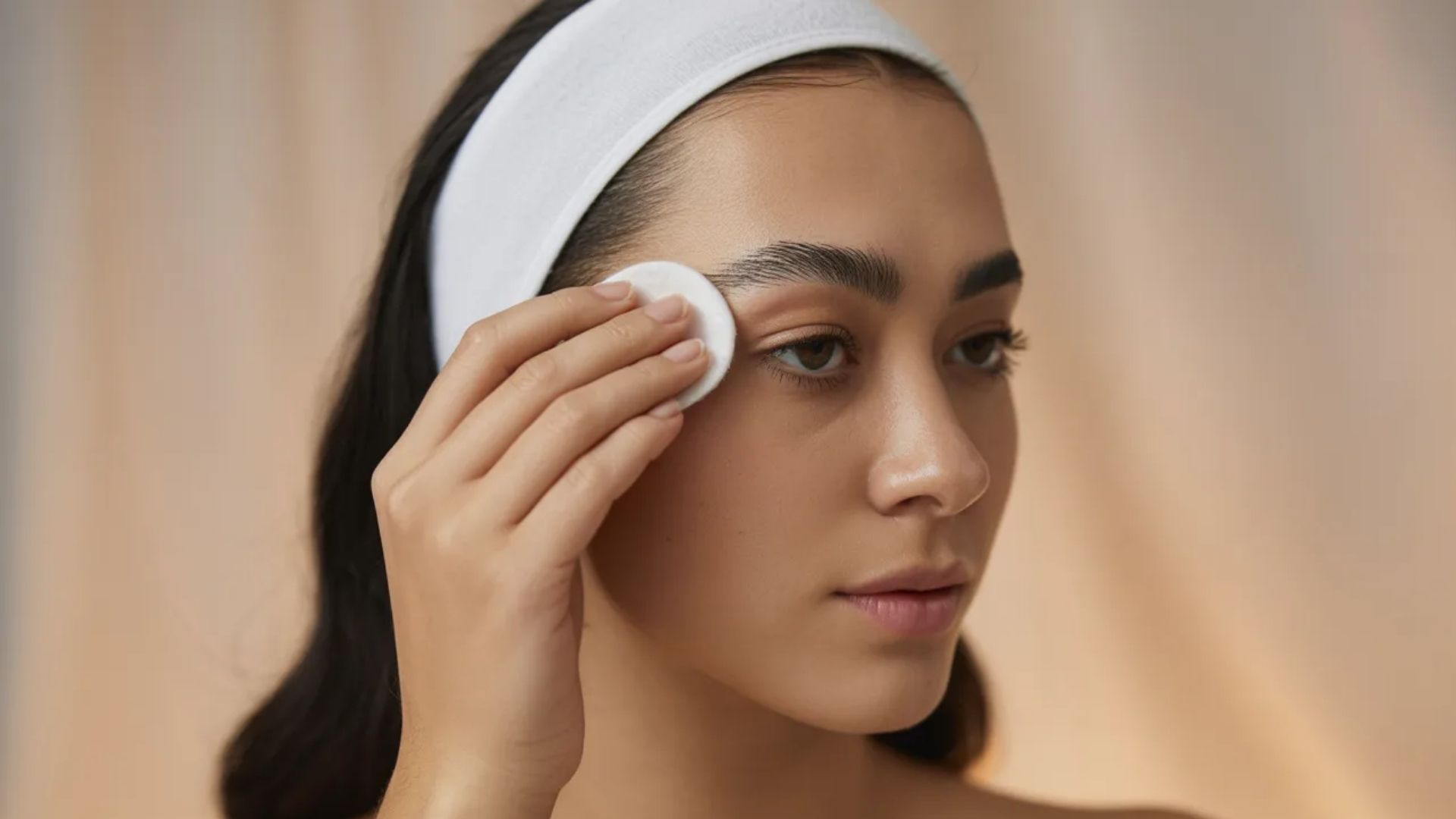 A young woman with clear skin and dark hair, wearing a white headband, gently cleanses her eyebrow area with a cotton pad.