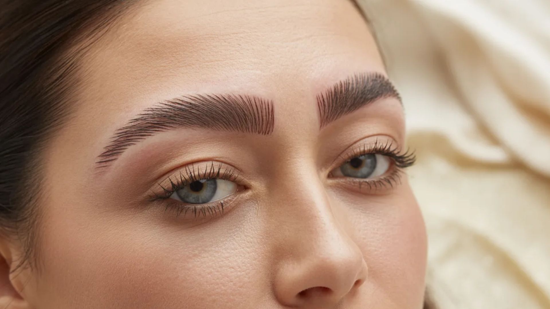 A close-up of a woman’s face highlighting her microbladed brown eyebrows and striking blue eye.