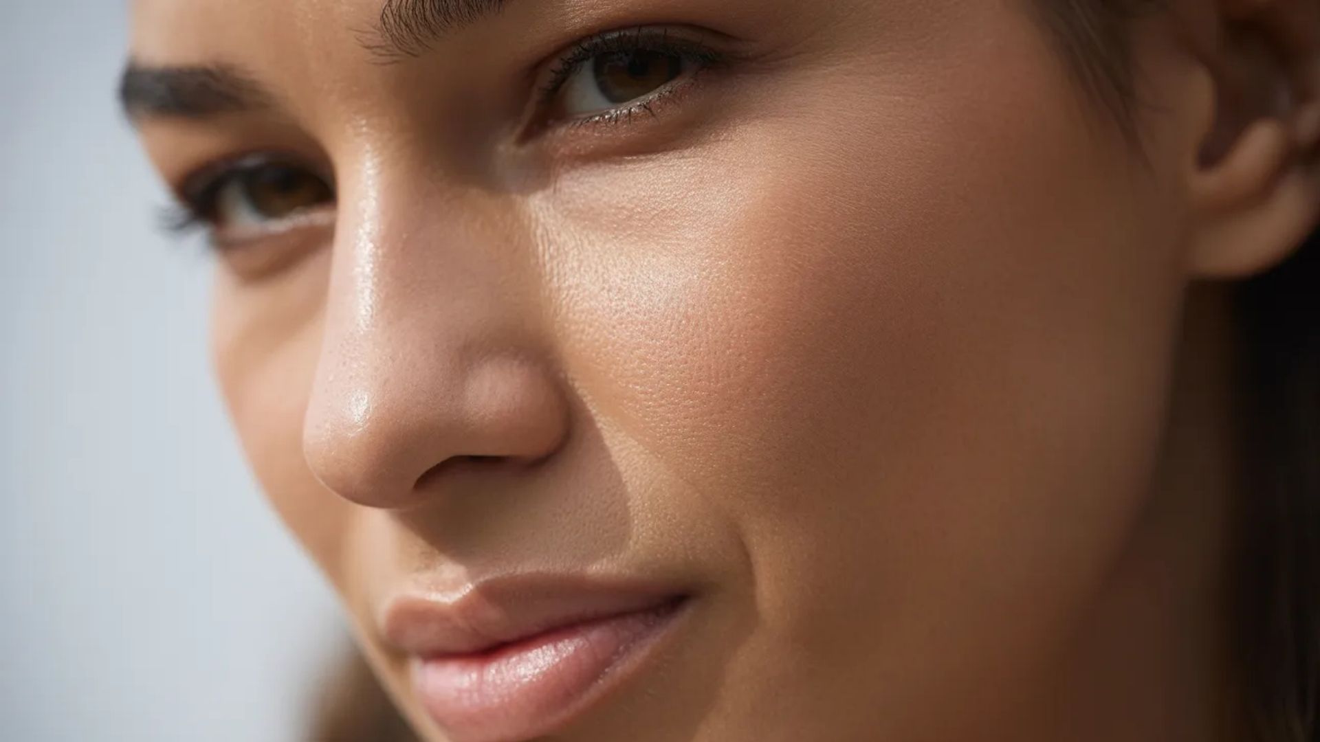 1. A woman with a deep tan on her neck, reflecting a summer spent outdoors., highlighting her features and expression with soft lighting.