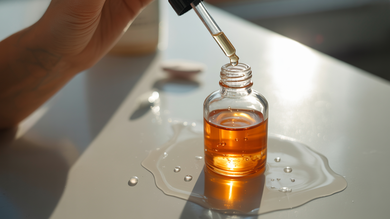 An individual carefully pouring oil into a bottle, with a focus on the smooth flow of liquid.