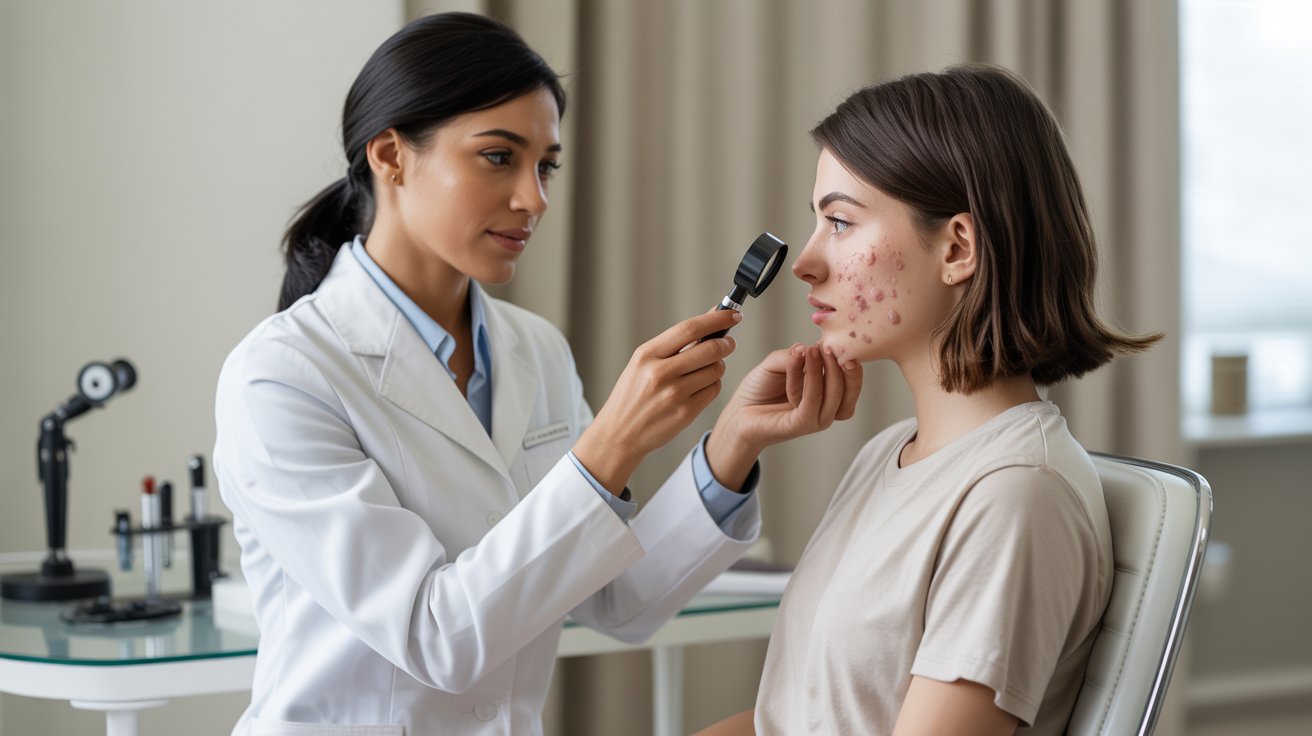 : A woman receives a skin examination from a doctor in a clinical setting.