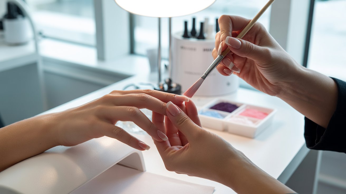 A woman receiving a manicure at a nail salon, with colorful nail polish options displayed nearby.