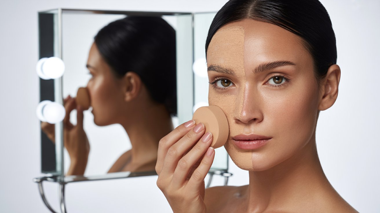 A woman applies foundation with a brush, concentrating on her makeup application in a bright, elegant environment.