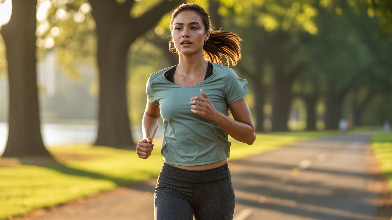 A woman jogging in a park, surrounded by trees and greenery, wearing athletic clothing and headphones.