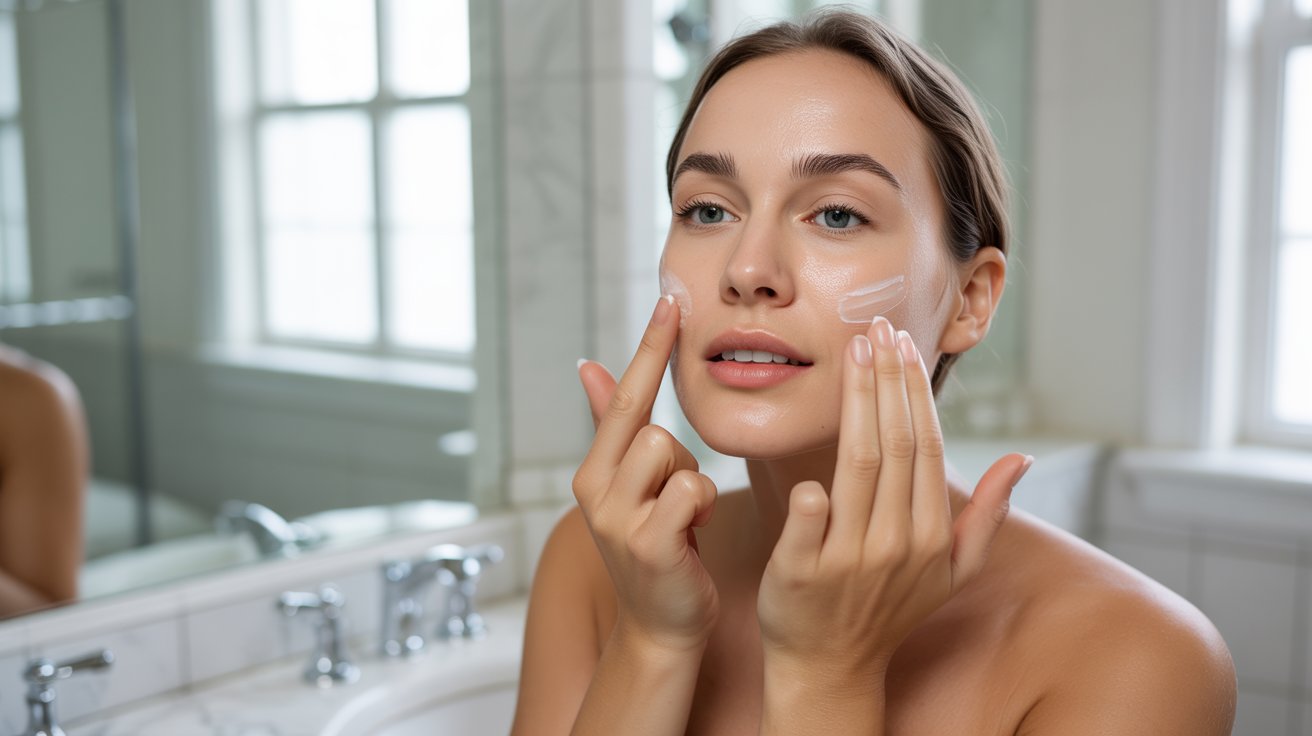 A woman gently applies cream to her face, focusing on skincare in a well-lit bathroom setting