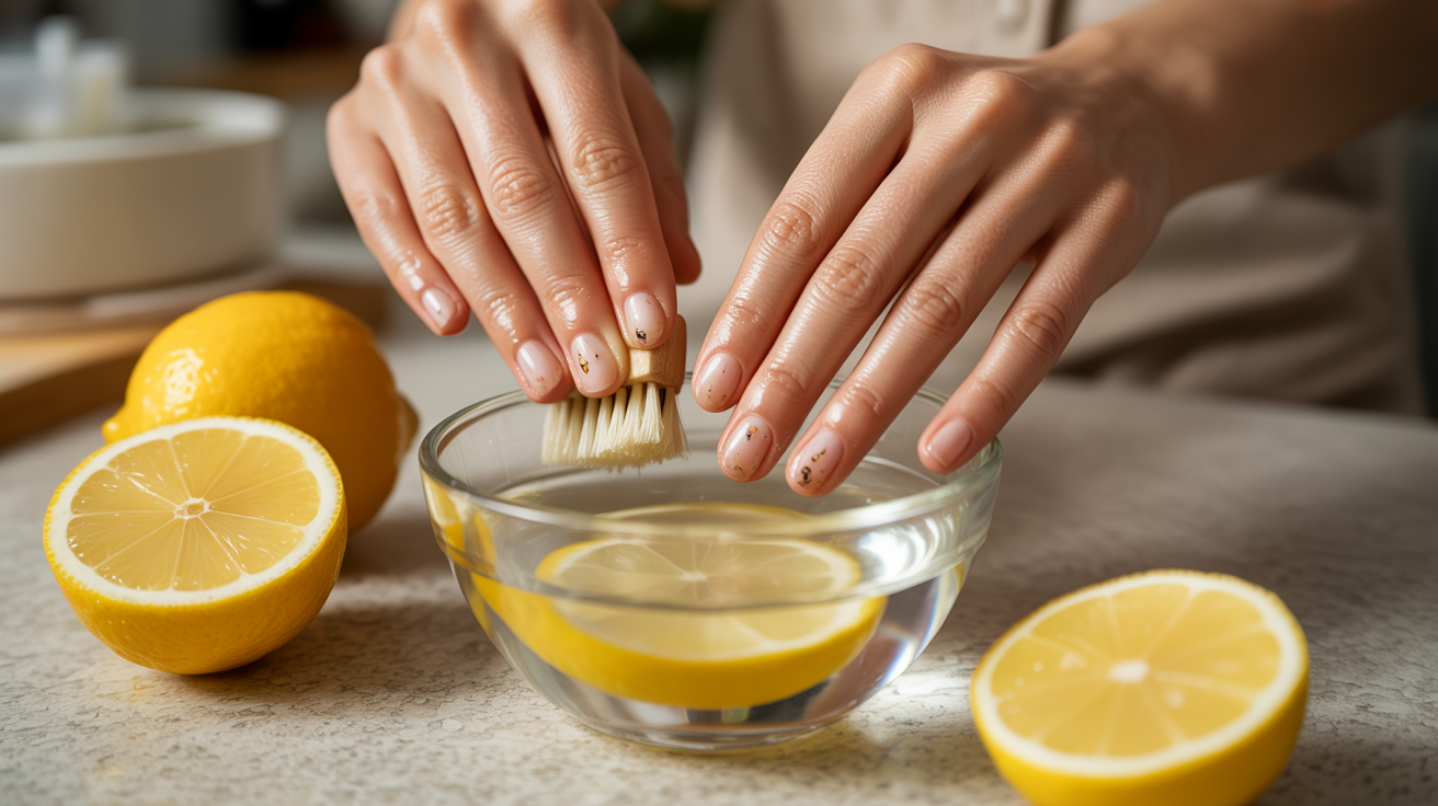 A woman brushes her nails, focusing on cleaning and maintaining their appearance.