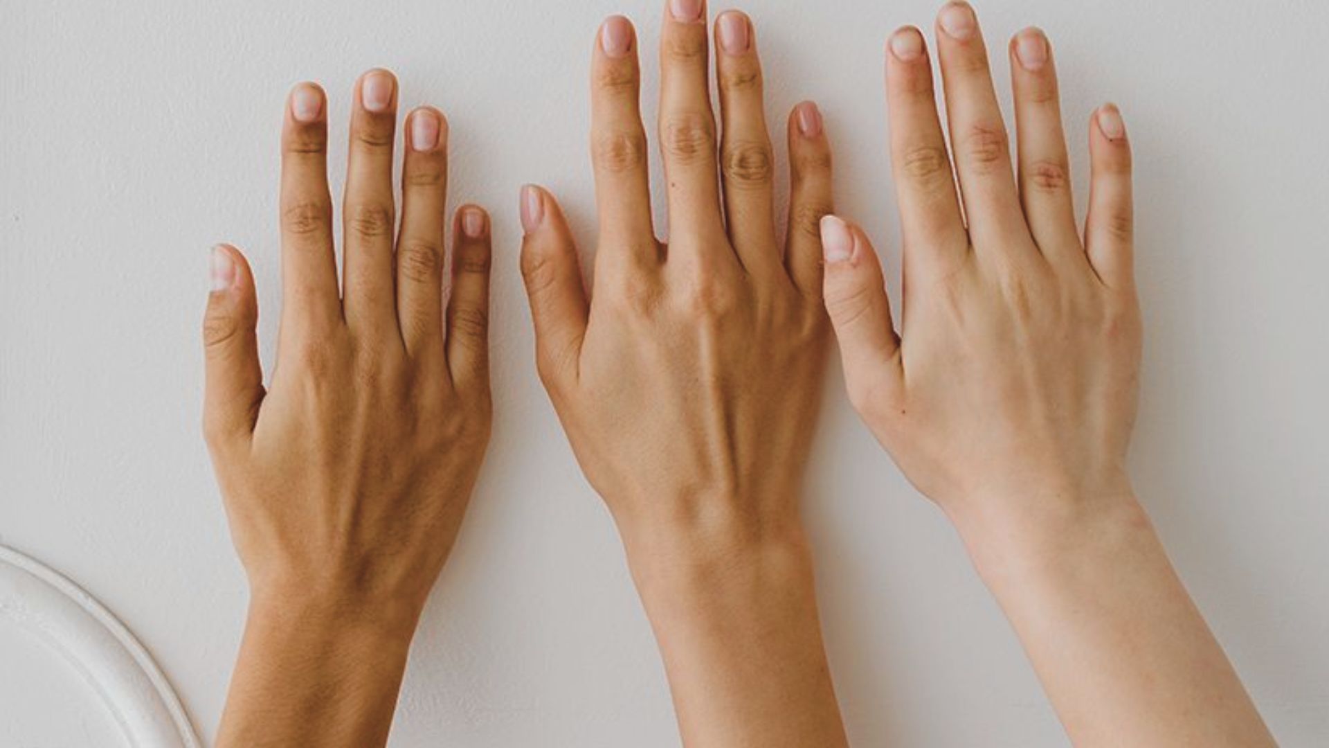 Three diverse hands, each with a distinct skin tone, are displayed side by side, highlighting human diversity.
