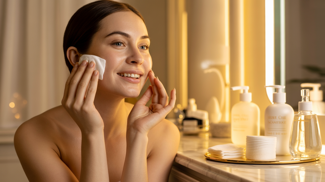 A woman smiles while applying a facial cleanser, showcasing her skincare routine and enjoyment of self-care.