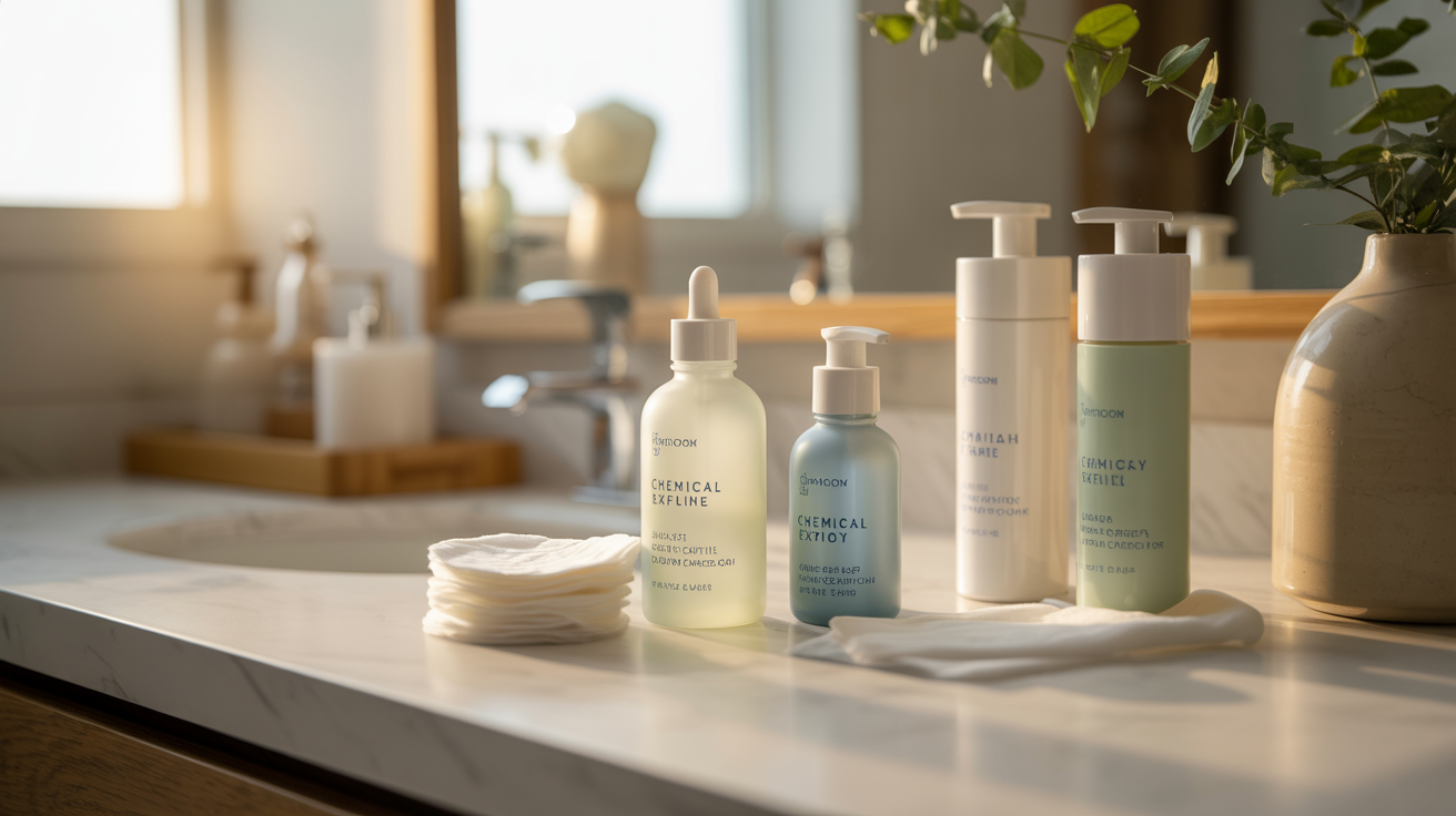 A bathroom counter displaying various personal care products, including bottles, jars, and a small mirror.
