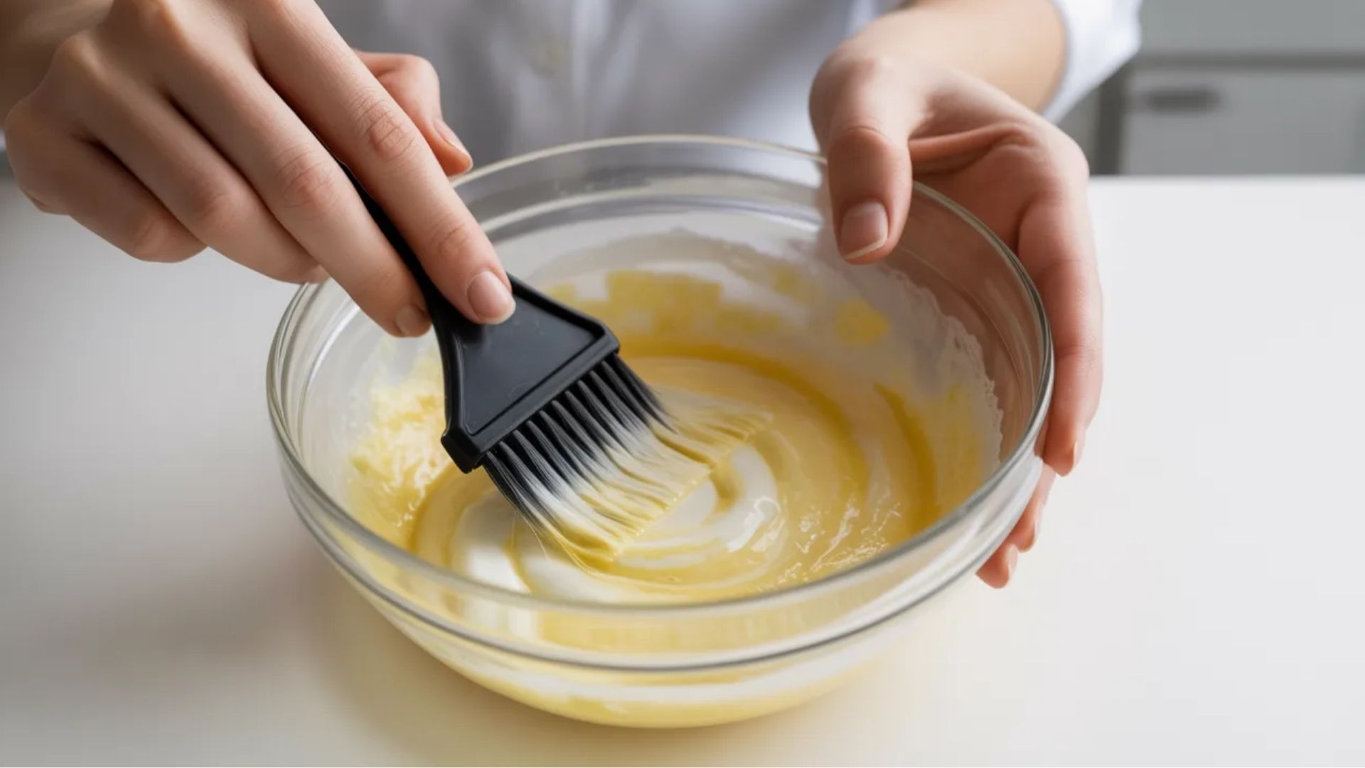 A person skillfully uses a spatula to blend yellow batter in a mixing bowl, demonstrating cooking techniques.