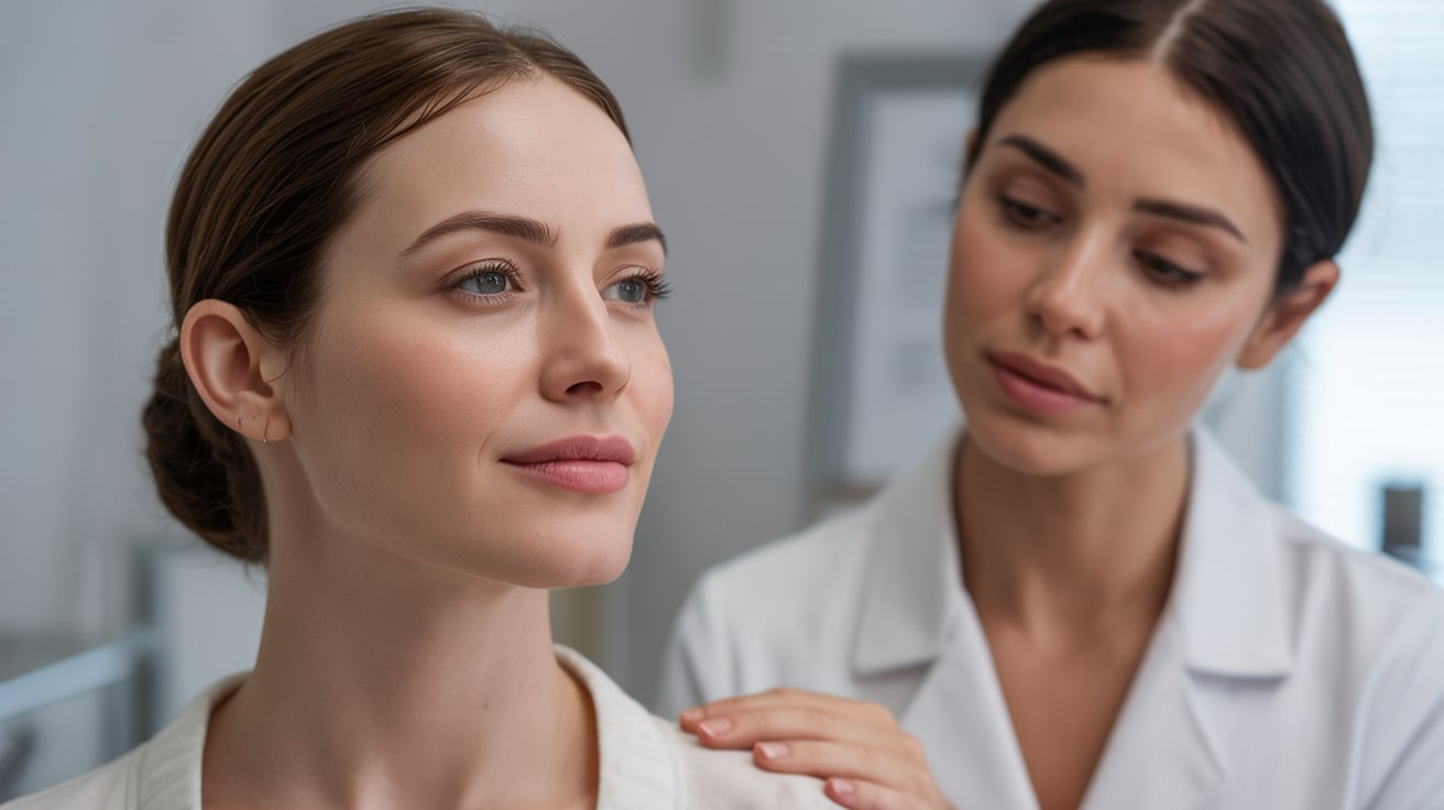 A woman gazes intently at another woman's face, capturing a moment of connection and engagement between them.