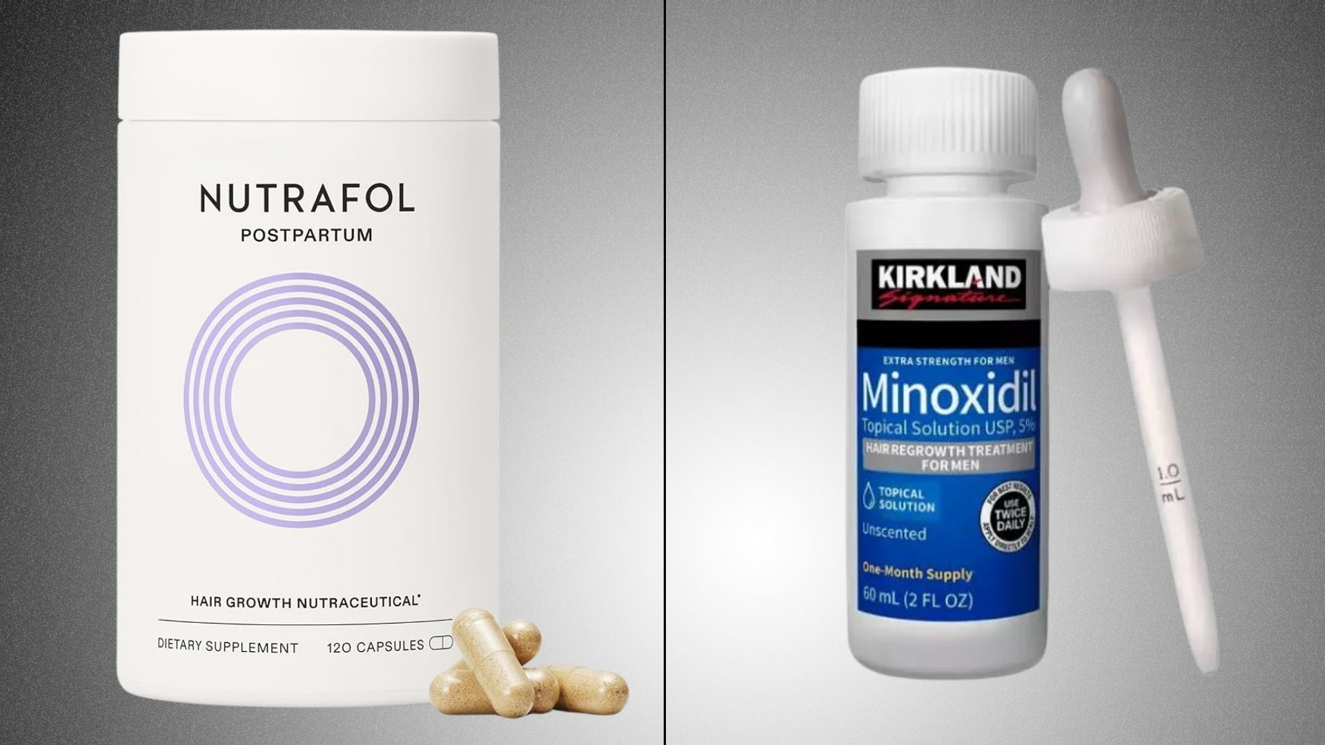 Image of Nutrafol and Minoxidil hair loss treatment products on a white background.