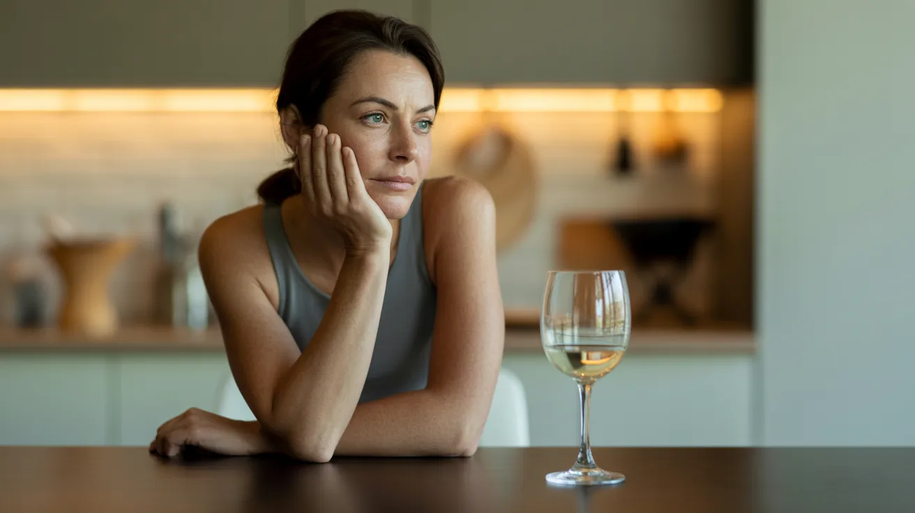 A woman sitting at a table, thoughtfully holding a glass of wine, contemplating the effects of alcohol on skin health.
