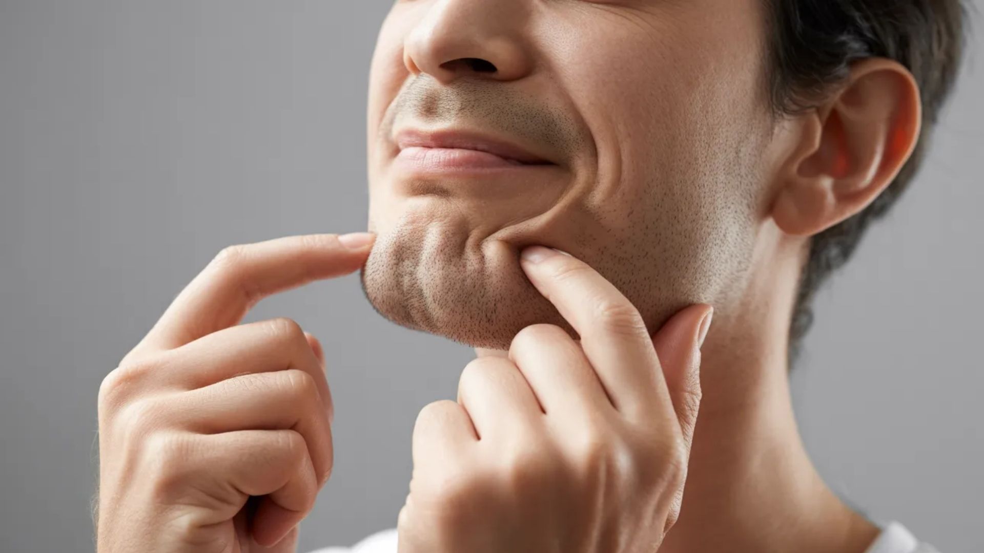 2. A man thoughtfully touches his chin with his fingers, appearing deep in contemplation.