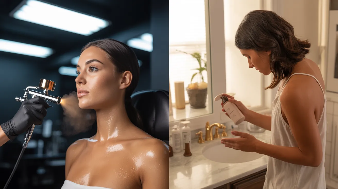 A woman in a salon chair having her tanning done, surrounded by salon tools and bright lighting, conveying a professional setting.