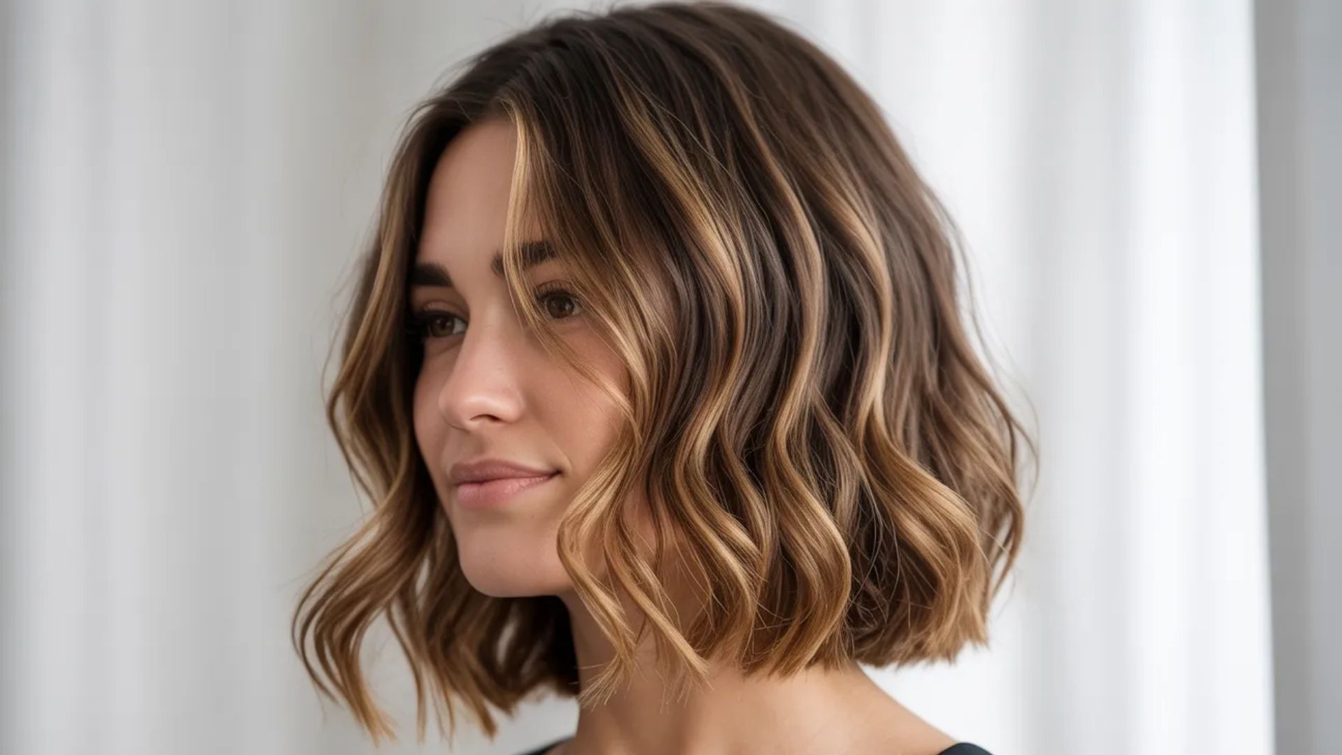 A woman with a stylish wavy bob cut, showcasing her hair's texture and movement.