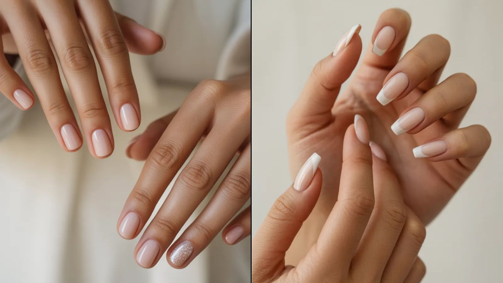 Two images of a woman's hands showcasing different nail colors, highlighting a variety of vibrant and stylish designs.