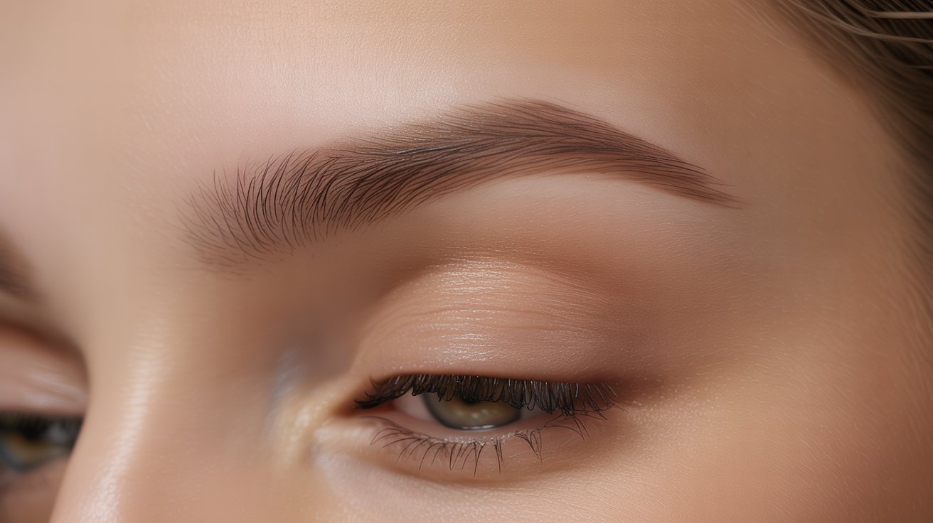Close-up of a woman's brown eye, showcasing intricate details of the iris and eyelashes.