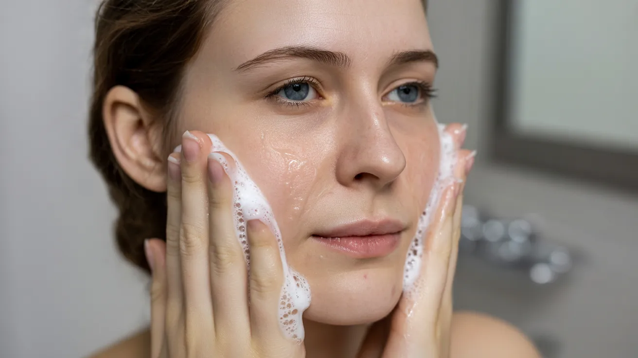 A woman gently washes her face with a foam cleanser, promoting a gentle, fragrance-free skincare routine.