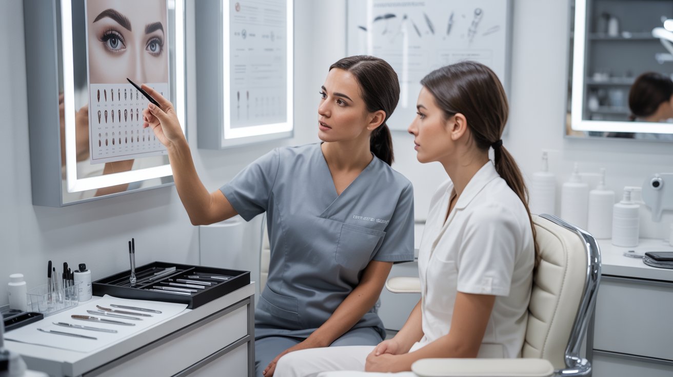 Two women in a salon gaze at their reflections in a mirror, discussing their hairstyles and treatments.
