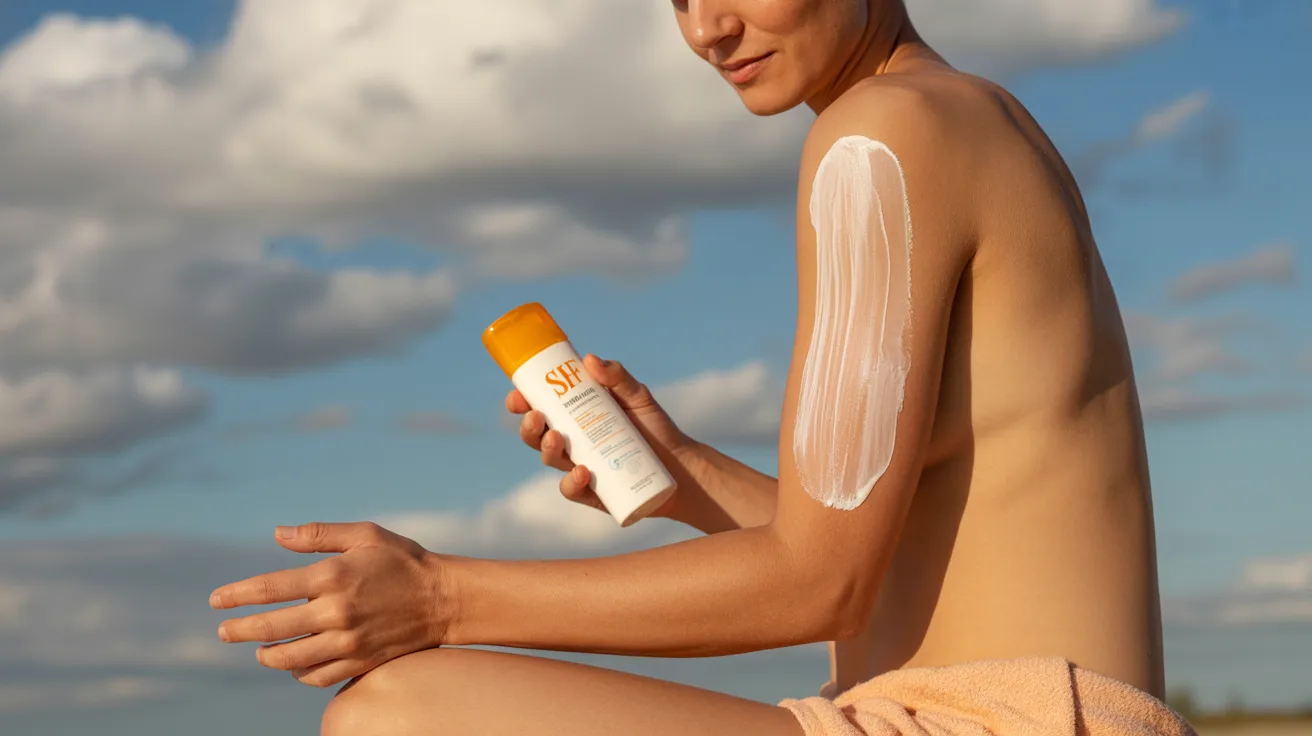 A woman sitting on the beach holds a bottle of sunscreen, enjoying the sun and the ocean view.