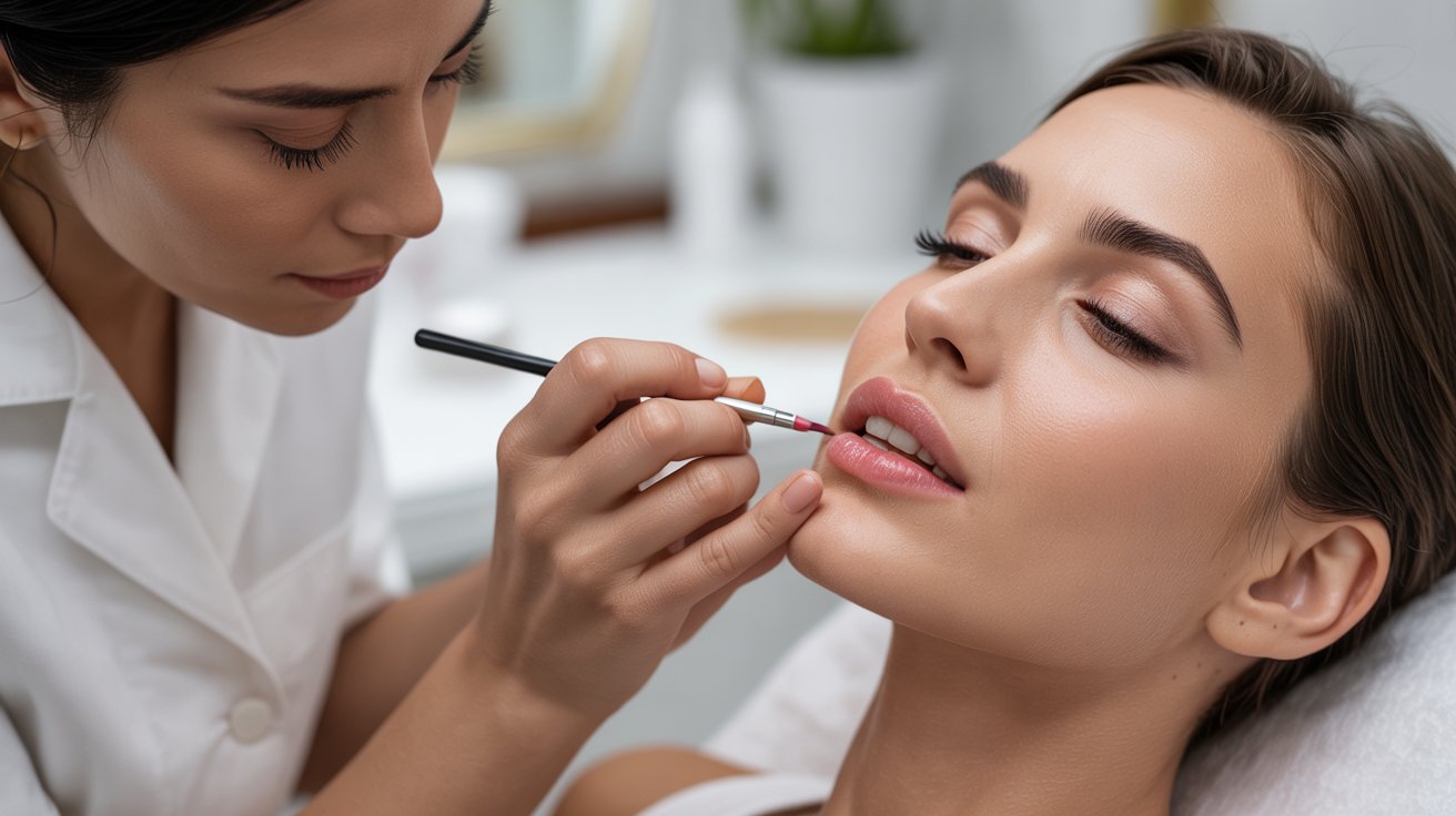 A woman receiving lip enhancement treatment from a beautician in a well-lit salon setting.