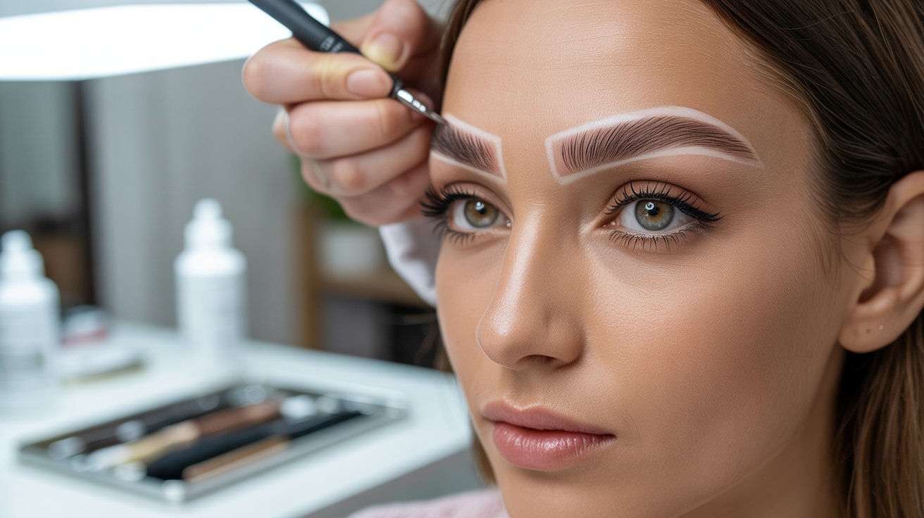 A woman sitting in a salon chair while a beautician shapes her eyebrows with tweezers.