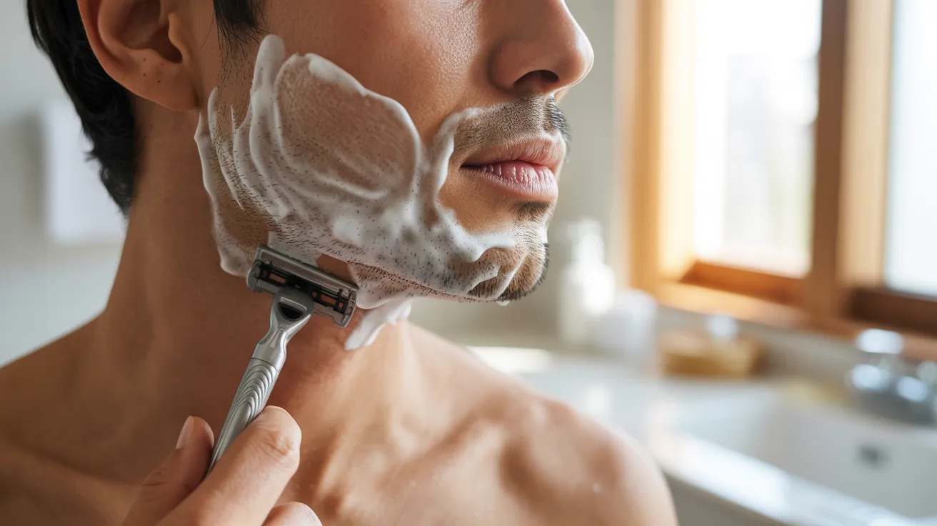 A man carefully shaving his face with a razor, focusing on achieving a clean and smooth appearance.