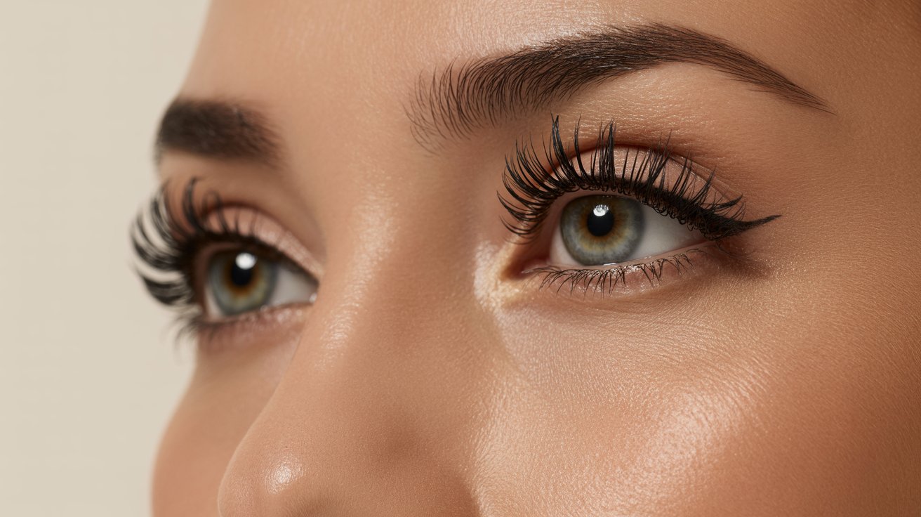 A woman with long eyelashes gazes with her large green eye, highlighting her striking features and captivating expression.