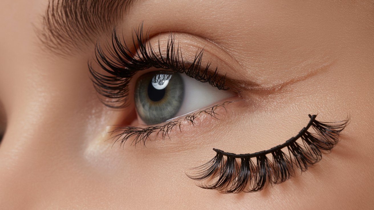 A close-up of a woman's eye adorned with long, dramatic false eyelashes, highlighting her makeup artistry.