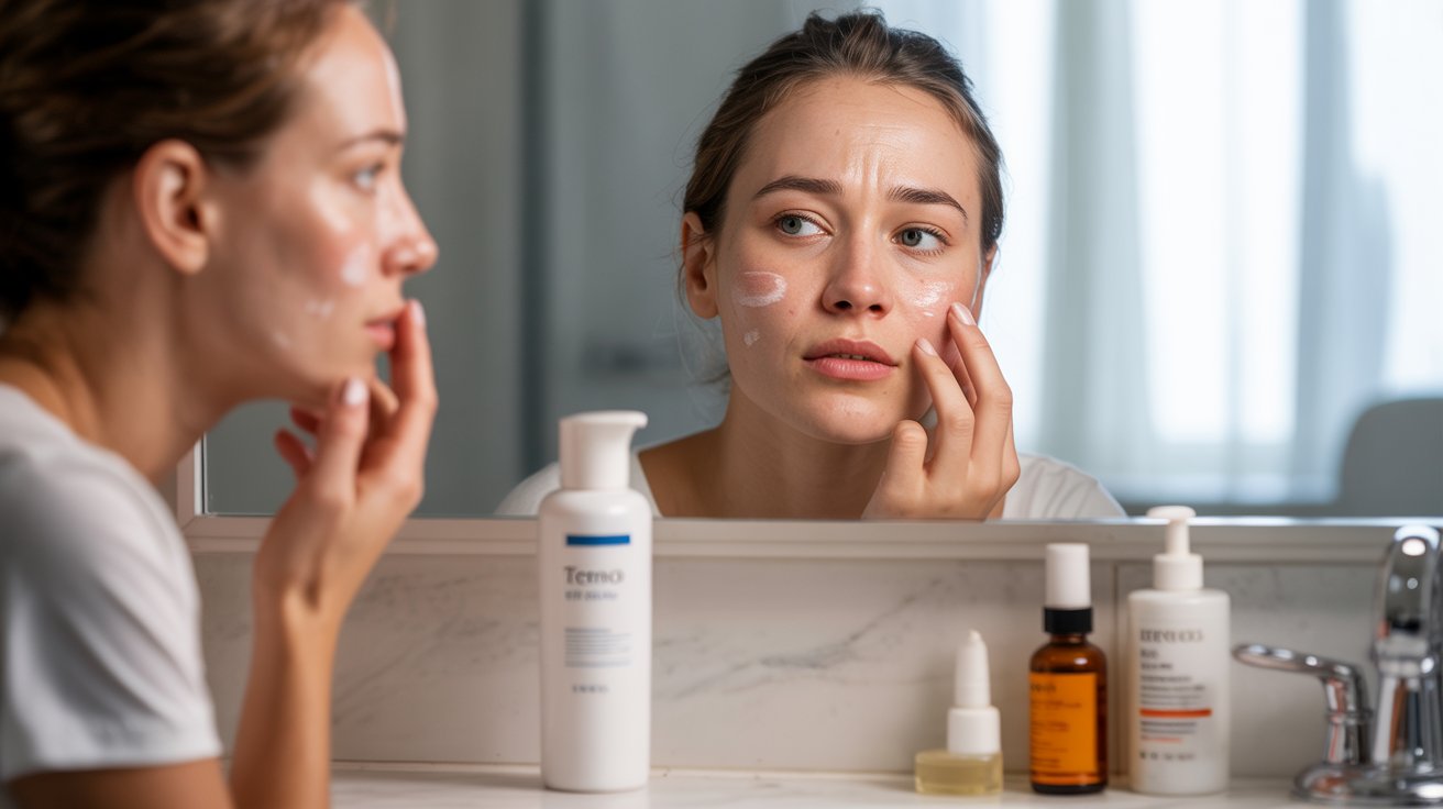 A woman examines her reflection in the mirror, her face covered in various skin care products.