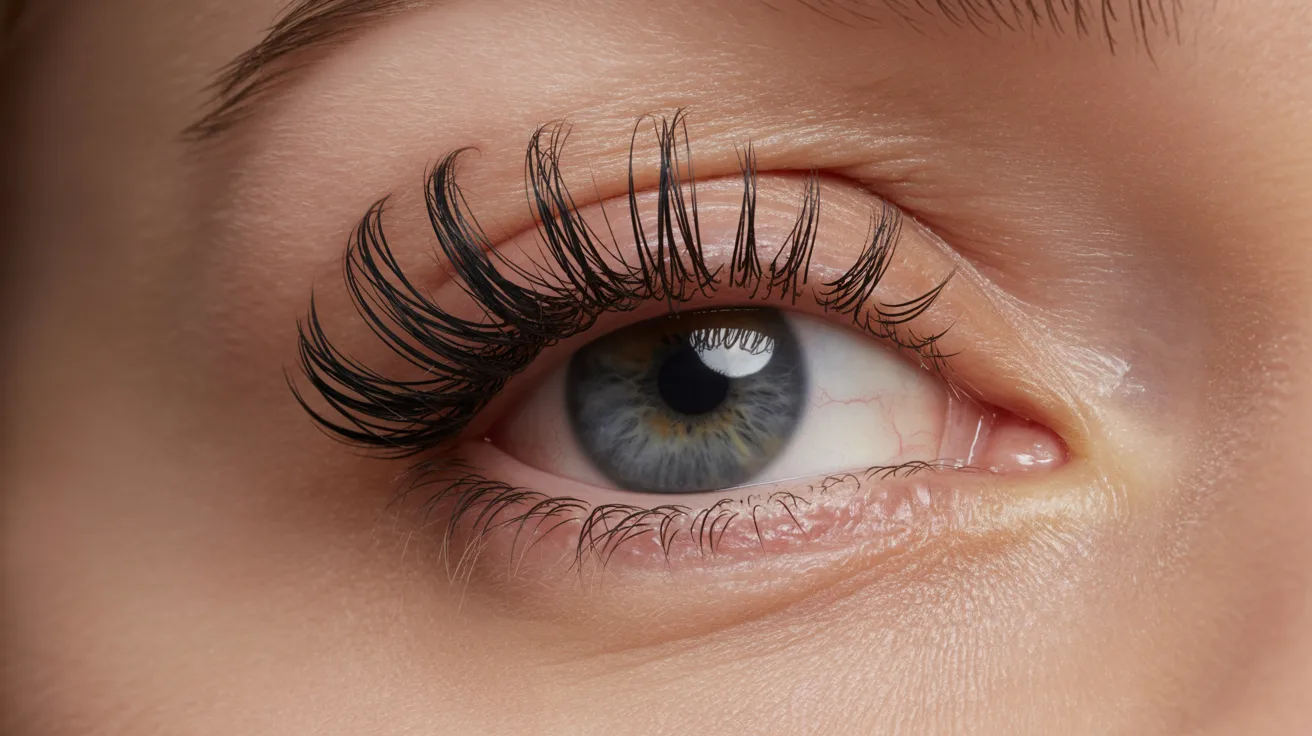 A close-up of a woman's eye showcasing long, elegant eyelashes against a soft background.
